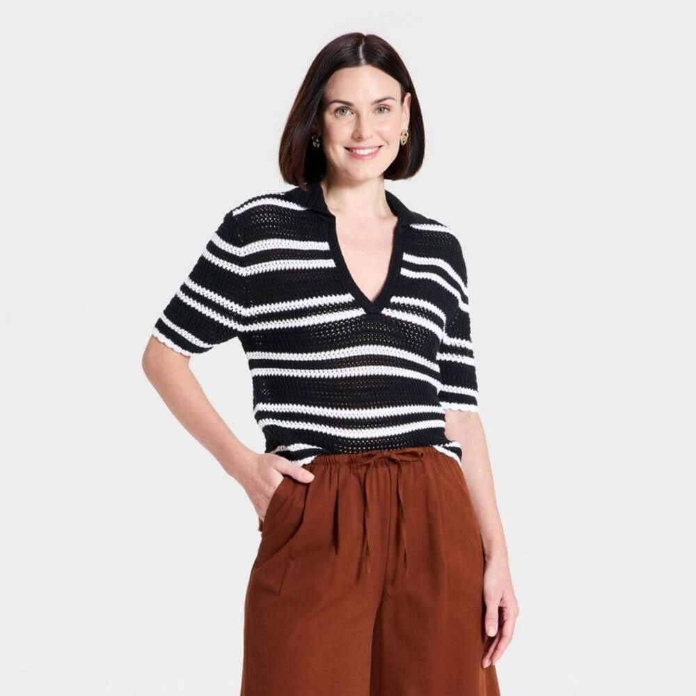 Women's Short Sleeve Polo Pullover Sweater Top - Black/White Striped XS